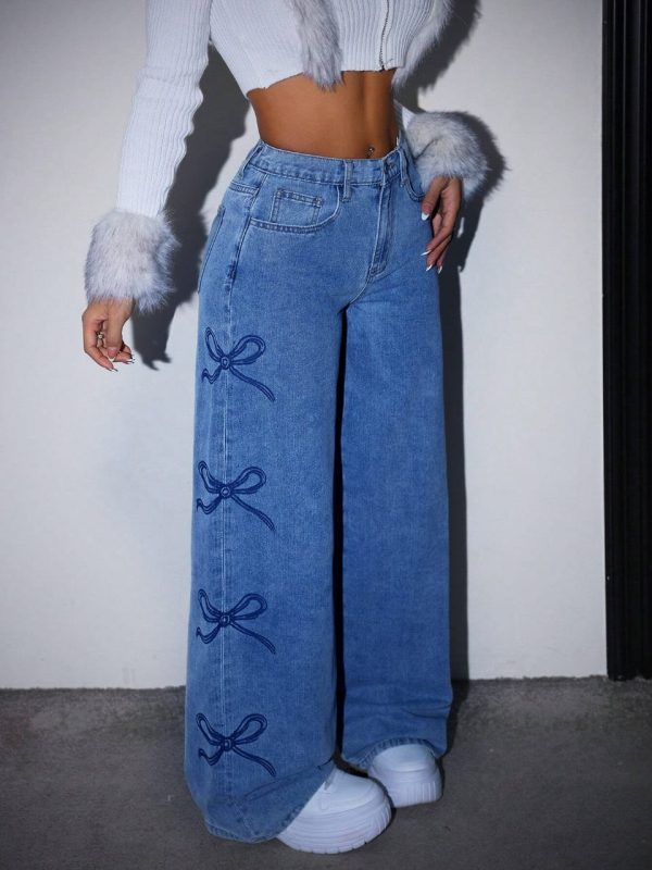 Women’s High-Waist Wide-Leg Denim Jeans with Bow Detail